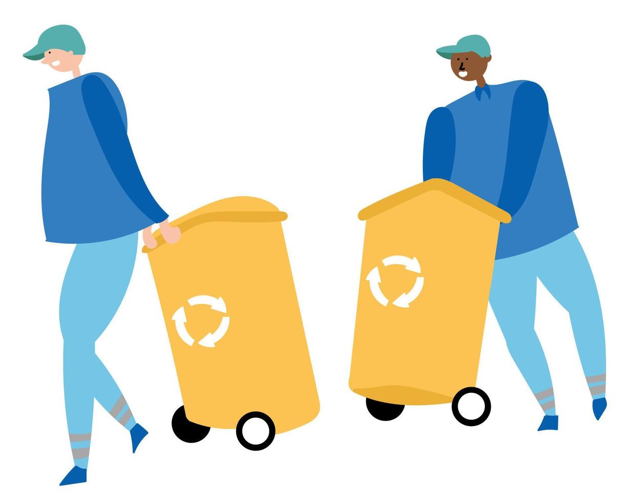 werknemers verzamelen afval en dragen containers voor recycling. afvalvermindering vector