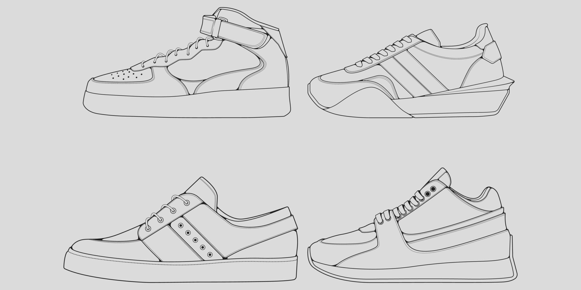 set omtrek coole sneakers. schoenen sneaker schets tekening vector, sneakers getekend in een schets stijl, sneaker trainers sjabloon omtrek, set collectie. vectorillustratie. vector