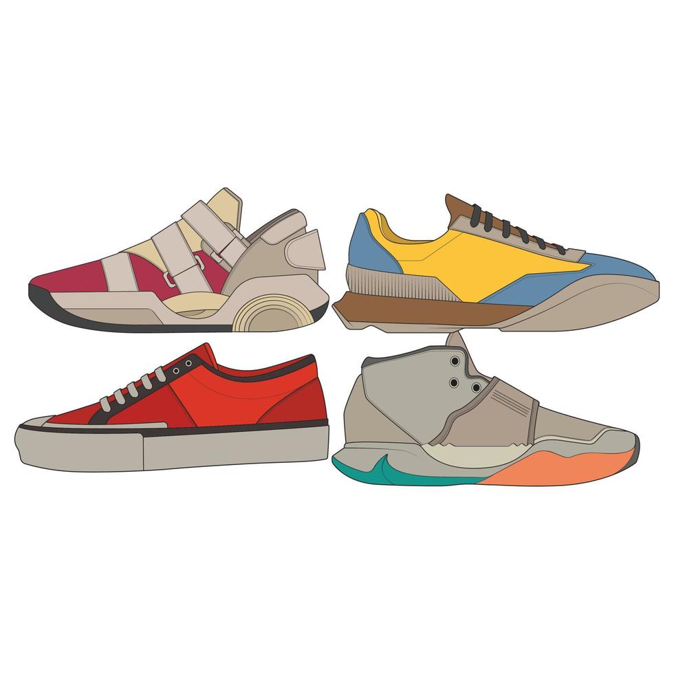 set coole sneakers. schoenen sneaker tekening vector, sneakers getekend in een schets stijl, sneaker trainers sjabloon, set collectie. vectorillustratie. vector