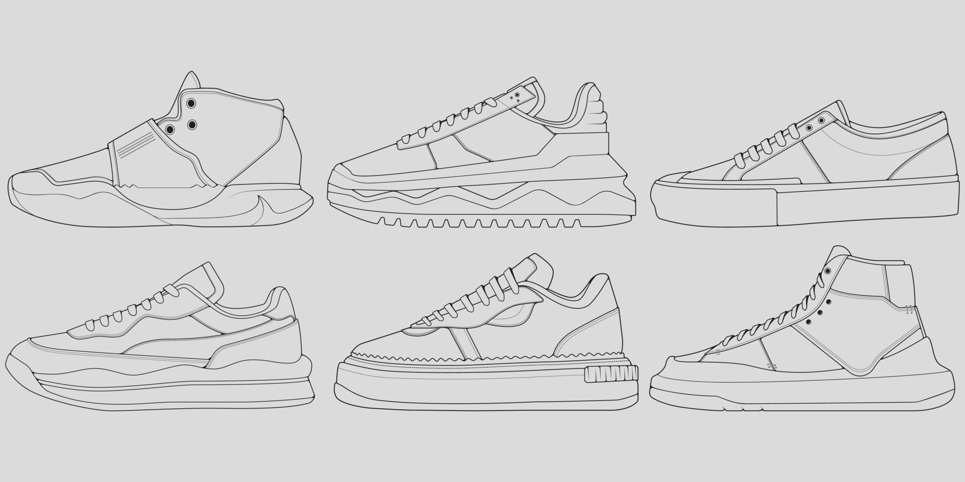 set omtrek coole sneakers. schoenen sneaker schets tekening vector, sneakers getekend in een schets stijl, sneaker trainers sjabloon omtrek, set collectie. vectorillustratie. vector