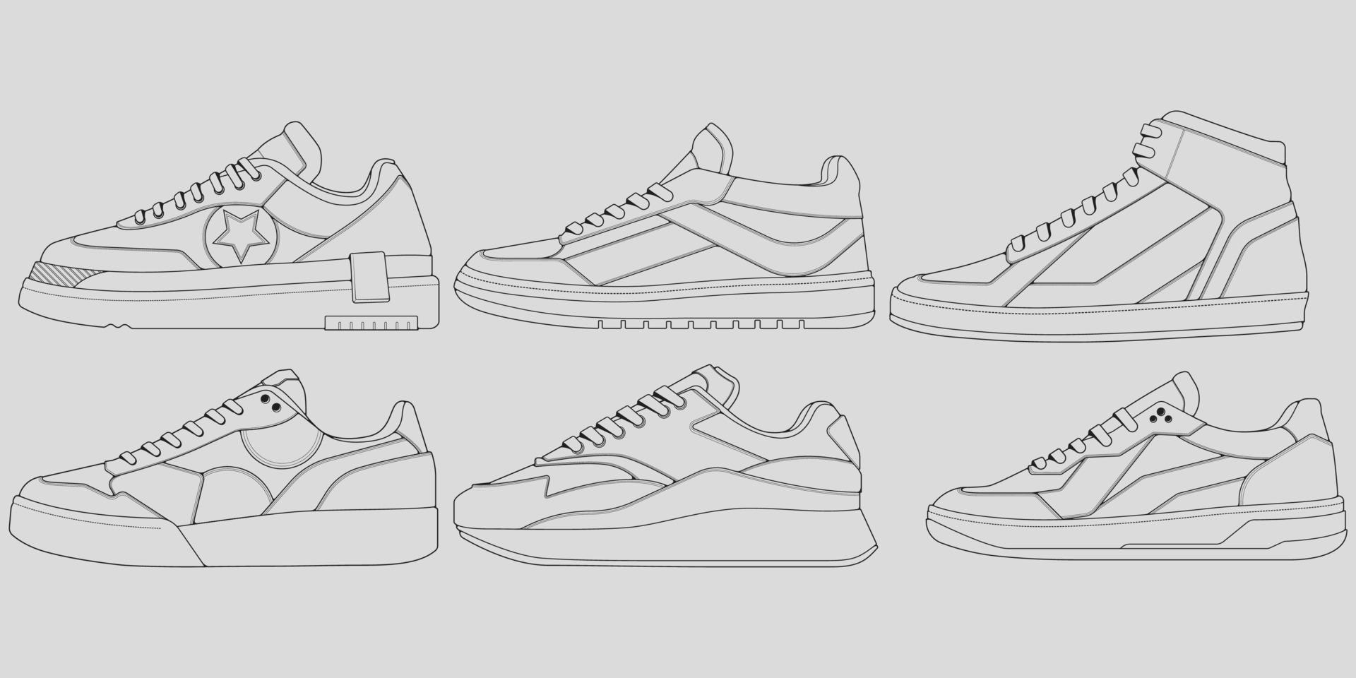 set omtrek coole sneakers. schoenen sneaker schets tekening vector, sneakers getekend in een schets stijl, sneaker trainers sjabloon omtrek, set collectie. vectorillustratie. vector