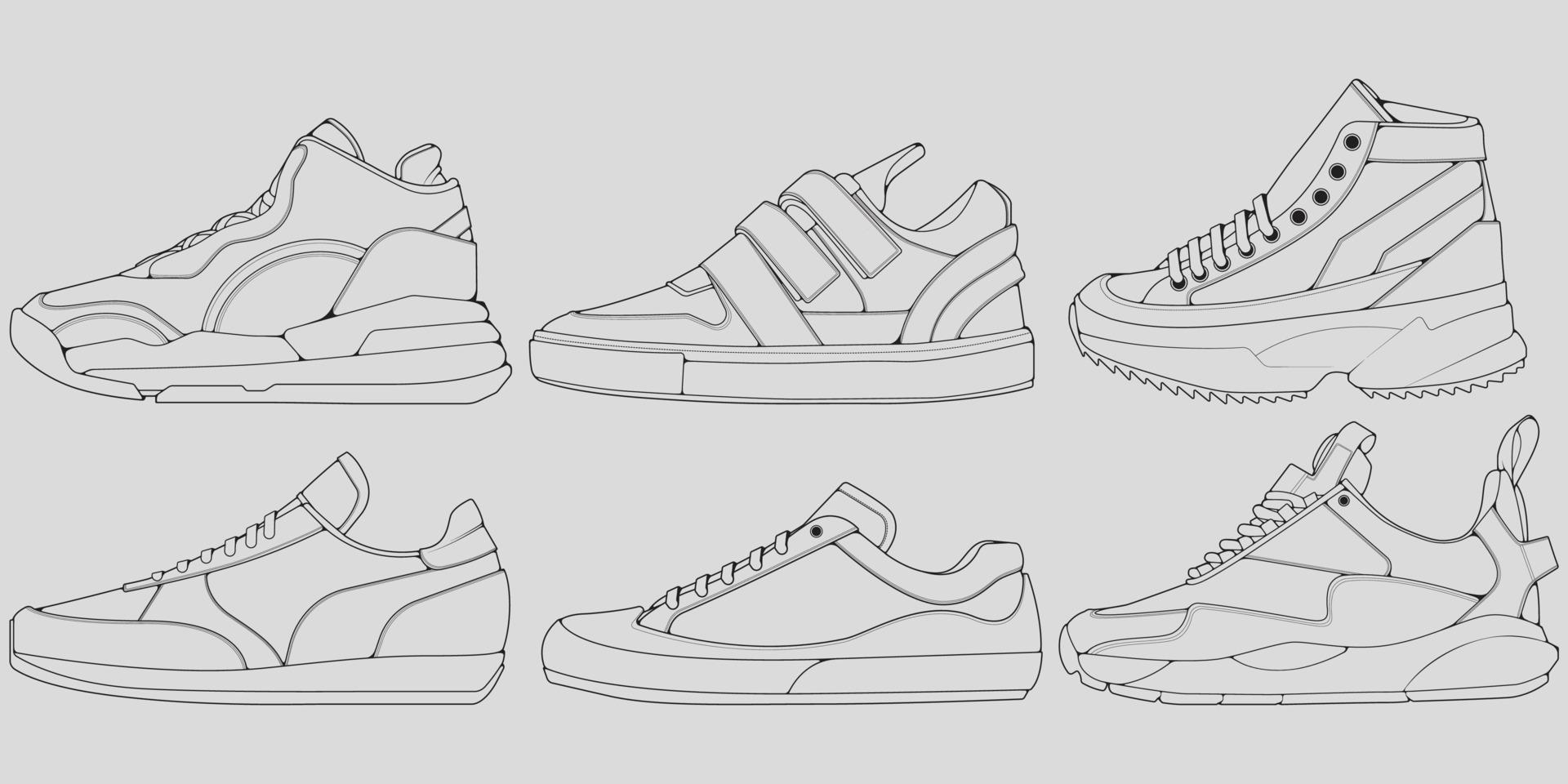 set omtrek coole sneakers. schoenen sneaker schets tekening vector, sneakers getekend in een schets stijl, sneaker trainers sjabloon omtrek, set collectie. vectorillustratie. vector