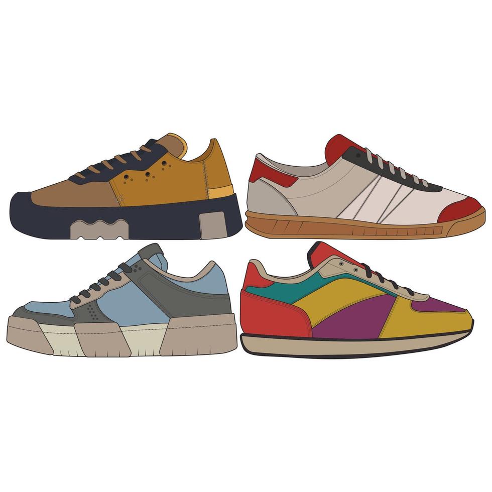 set coole sneakers. schoenen sneaker tekening vector, sneakers getekend in een schets stijl, sneaker trainers sjabloon, set collectie. vectorillustratie. vector