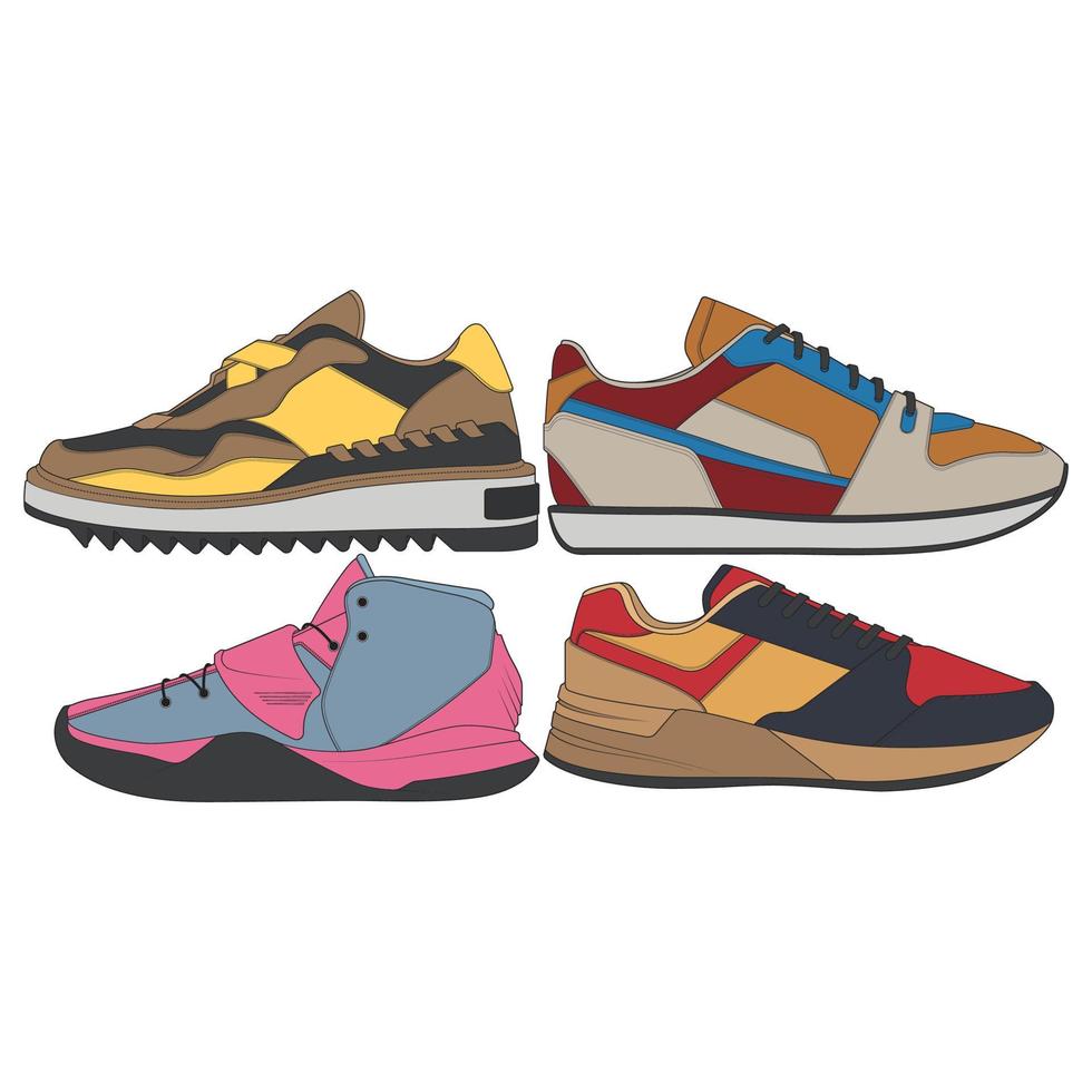 set coole sneakers. schoenen sneaker tekening vector, sneakers getekend in een schets stijl, sneaker trainers sjabloon, set collectie. vectorillustratie. vector