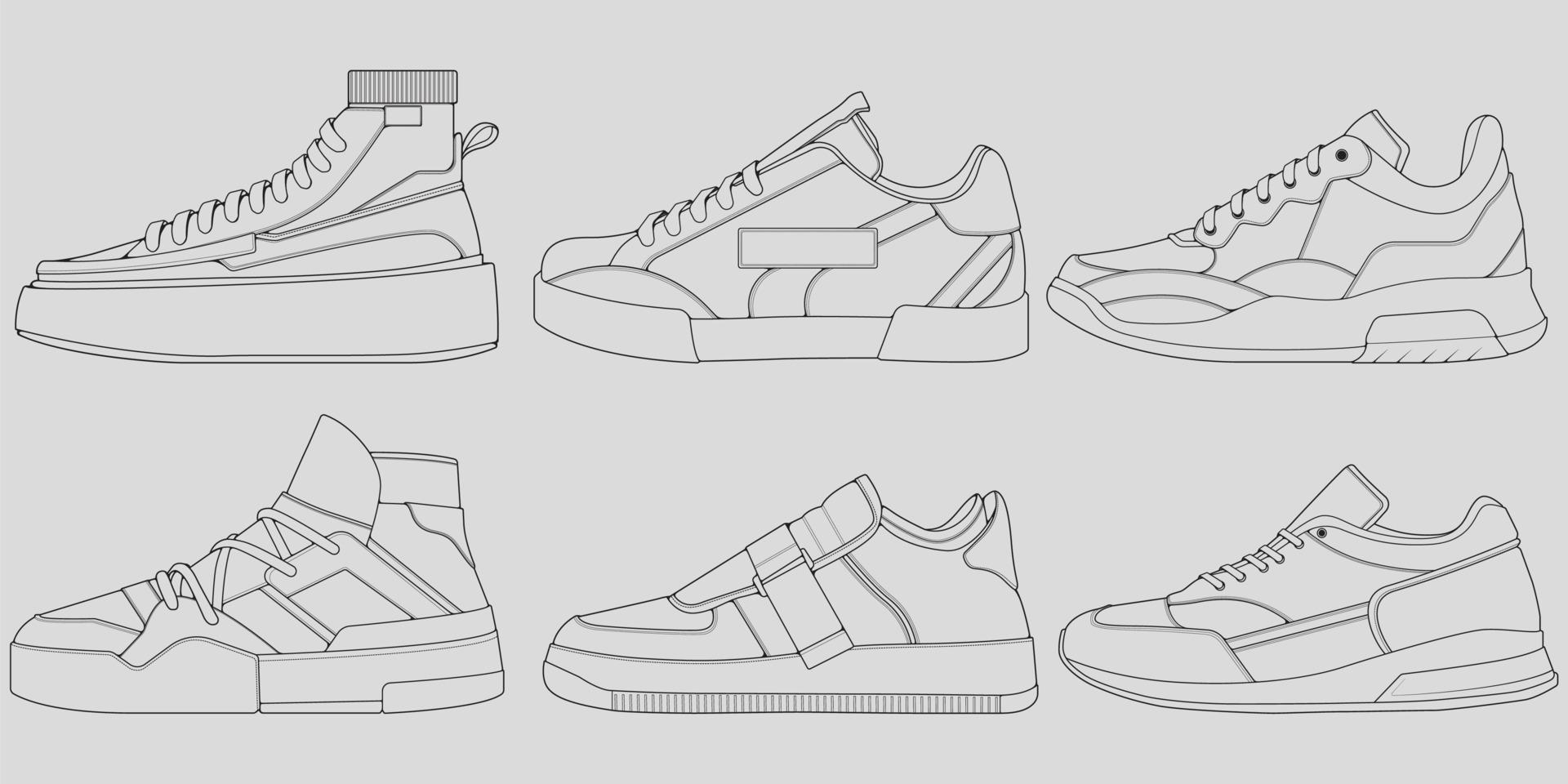 set omtrek coole sneakers. schoenen sneaker schets tekening vector, sneakers getekend in een schets stijl, sneaker trainers sjabloon omtrek, set collectie. vectorillustratie. vector