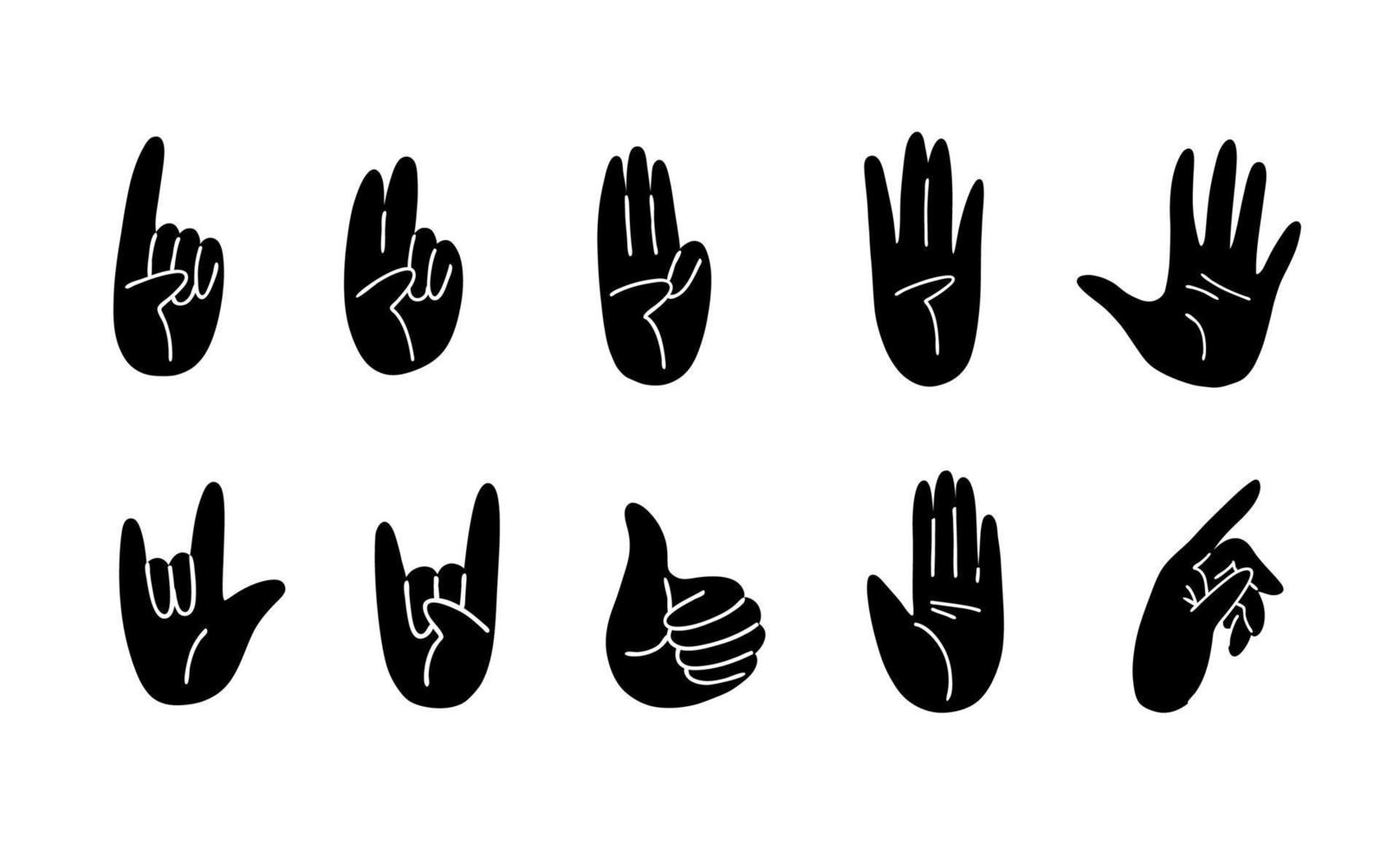 tekenfilmreeks silhouetten van gebaren. zwarte wijzers vertonen verschillende tekens. set van handen gevuld met zwarte kleur op een witte achtergrond. vector voorraad illustratie geïsoleerd.