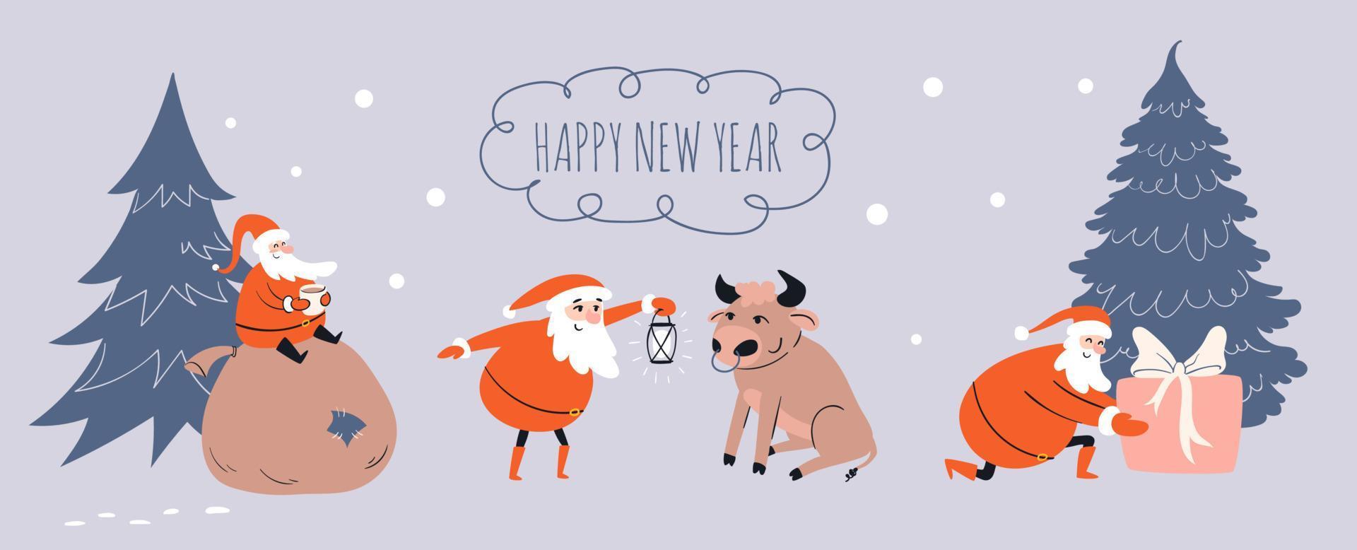 cartoon kerstman instellen. avonturen met de kerstman. kerstillustraties uit het leven van de kerstman met een geschenk, een stier, een kopje drank. vector voorraad illustratie.