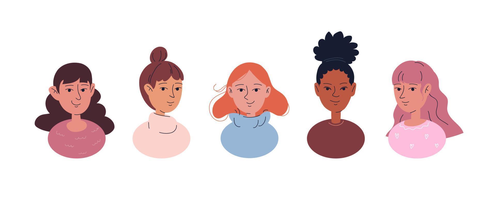 hand getekende set gekleurde vrouwelijke doodle avatars. jonge vrouwen van verschillende huidskleuren, met verschillende kapsels, in verschillende kleren. vector voorraad illustratie geïsoleerd op een witte achtergrond.