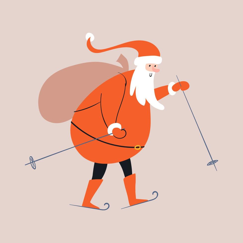 cartoon de kerstman is aan het skiën, houdt skistokken in zijn handen en draagt een zak met geschenken op zijn rug. lachende kerstman loopt vrolijk. handgetekende kleurrijke doodle verhaal. vector voorraad geïsoleerde illustratie.