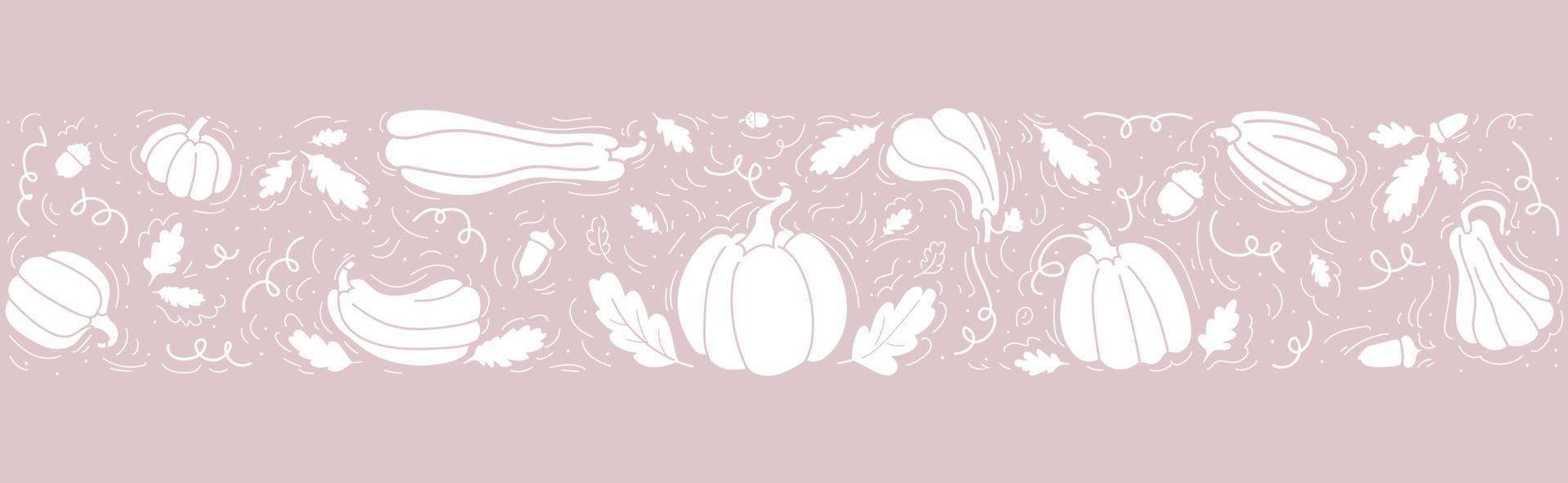 horizontale pompoenrand. schattige handgetekende witte pompoenen, herfstbladeren, groenten op een pastelachtergrond. platte vectorvoorraadillustratie met overzicht voor Thanksgiving Day. vector