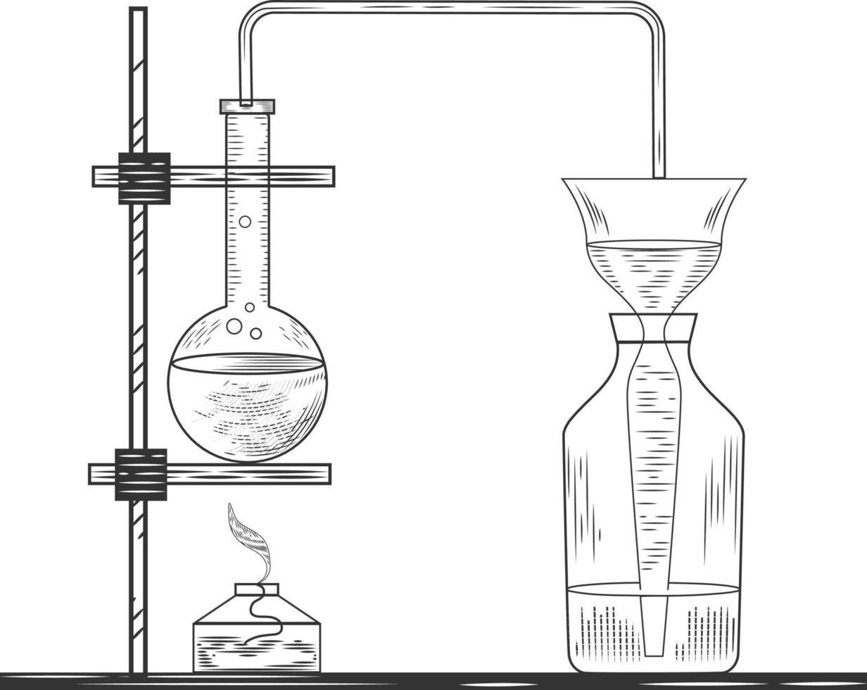schets van een natuurkundig of chemisch laboratoriumexperiment en apparatuur. vector farmaceutische glazen kolven, bekers en reageerbuizen in oude graveerstijl.