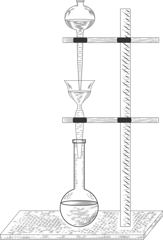 schets van een natuurkundig of chemisch laboratoriumexperiment en apparatuur. vector farmaceutische glazen kolven, bekers en reageerbuizen in oude graveerstijl.