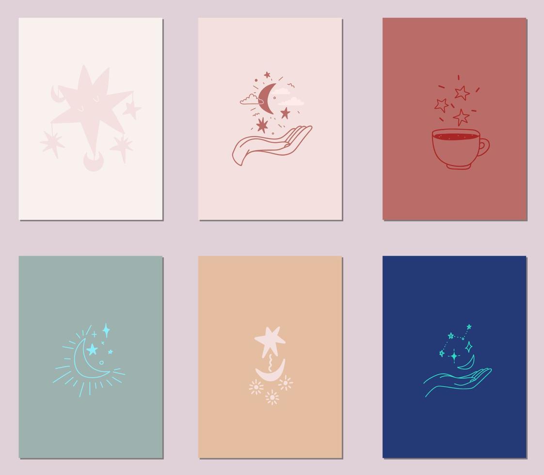 vector set ansichtkaarten hemelse elementen. hemelsterren, maan, ontwerphand houdt ruimteillustratie vast. magische composities van delicate tinten voor een cadeau, gefeliciteerd, nieuwjaar