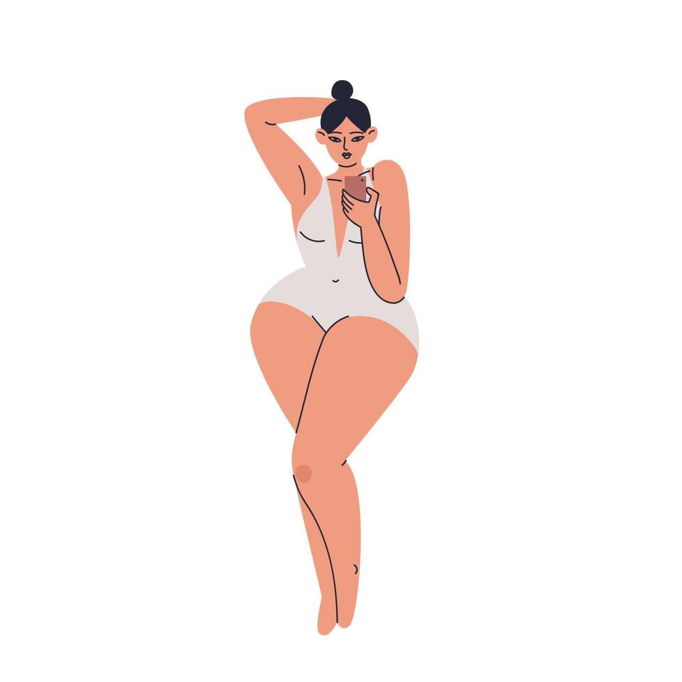 handgetekende plus size vrouw in een naakt zwempak. mollig meisje poseren met een smartphone in de hand. brunette in lingerie en een knot op haar hoofd. vector voorraad geïsoleerde illustratie in cartoon-stijl.