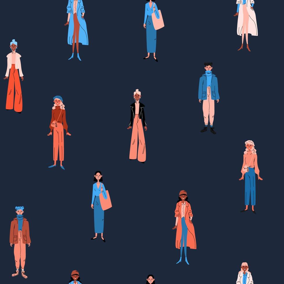 naadloos patroon van vrouwen in lichte vrijetijdskleding. een groep diverse meisjes in blauwe, oranje trendy gewaden tegen een donkere achtergrond. tegel vector voorraad kleurrijke illustratie in cartoon stijl.