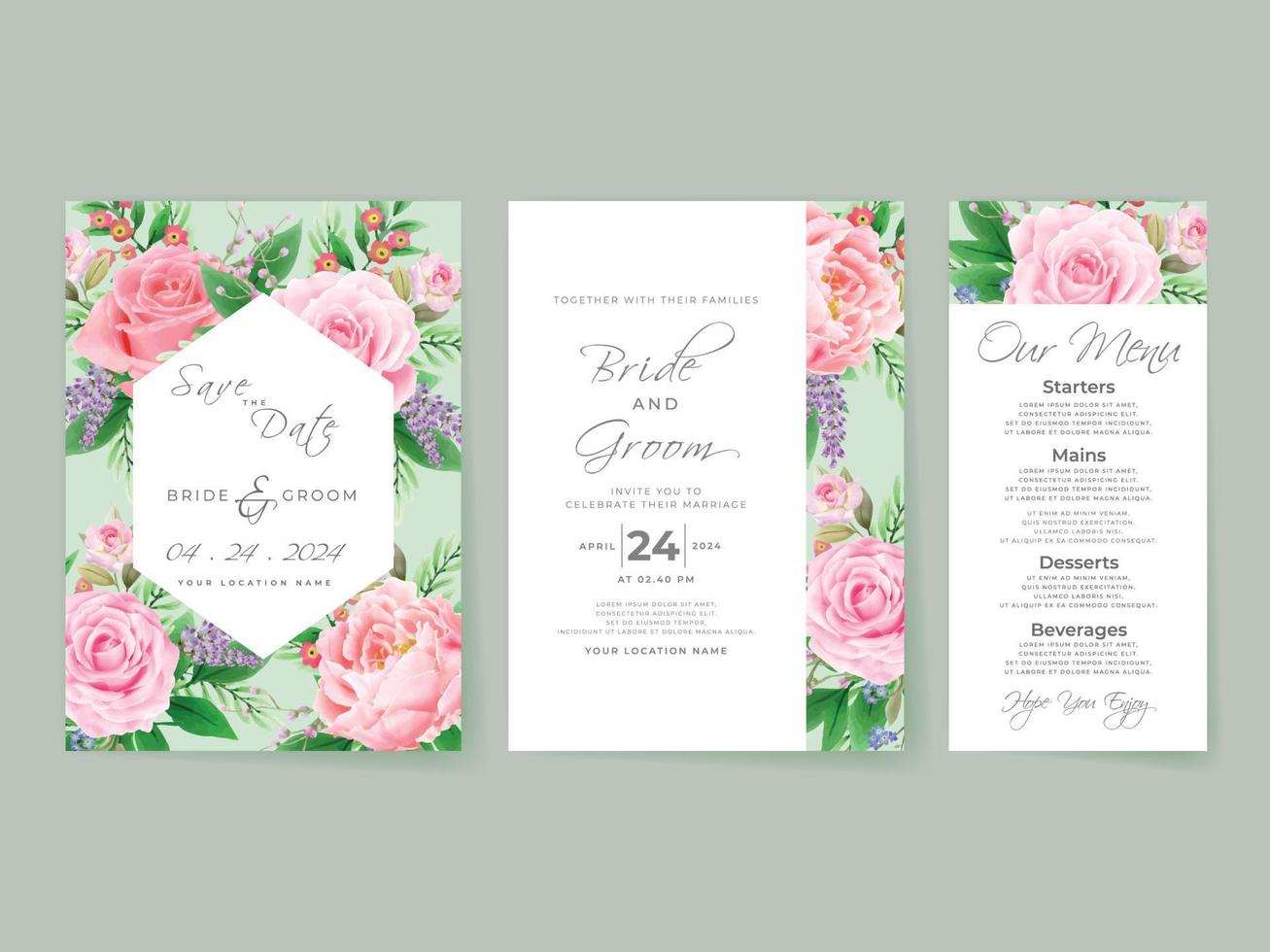 roze rozen bruiloft uitnodigingskaarten set vector