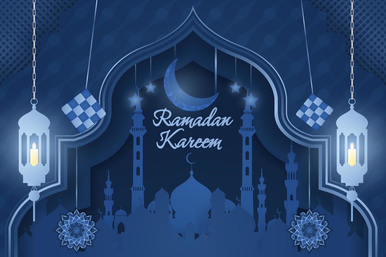 ramadan kareem islamitische achtergrond met moskee en lijnelement blauwe kleur vector