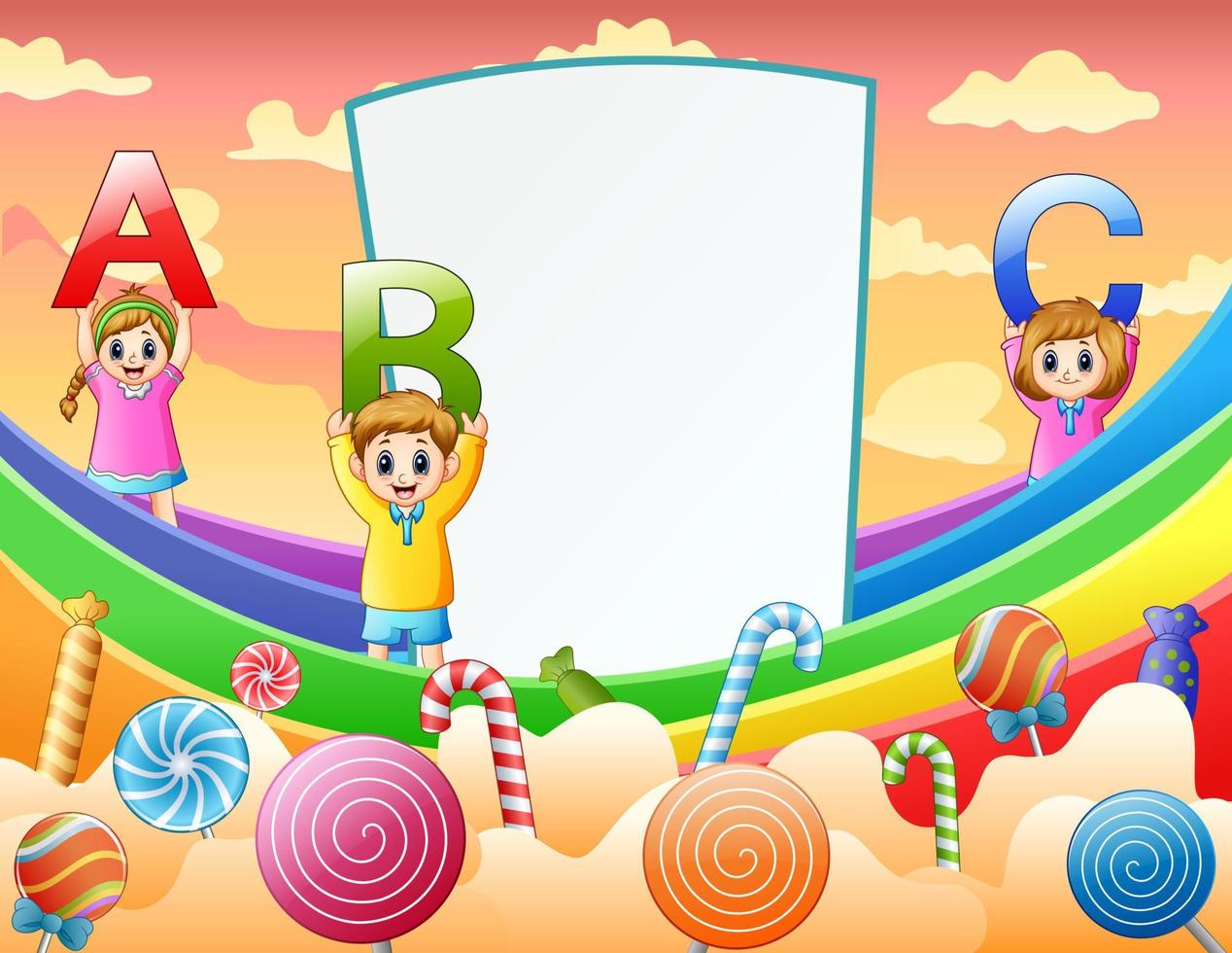 gelukkige kinderen met abc letter in een lief land vector