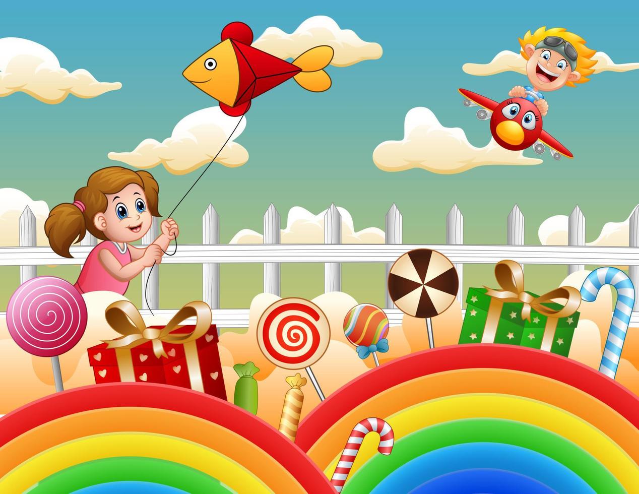 gelukkige kinderen spelen in wonderland illustratie vector