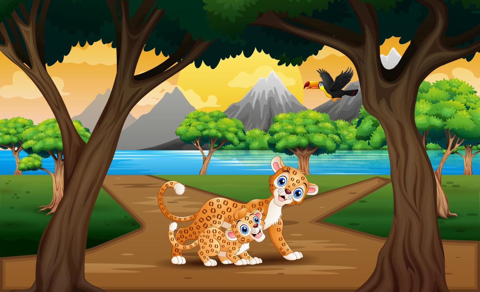illustratie van luipaard met haar welp in het natuurlandschap vector