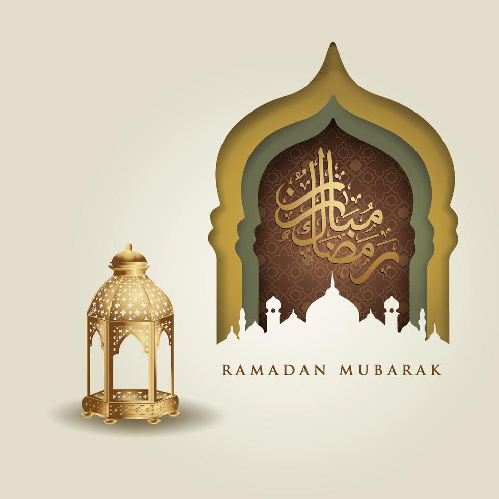 luxe en elegant ontwerp ramadan kareem met arabische kalligrafie, traditionele lantaarn en gradatie kleurrijke poortmoskee voor islamitische groet vector