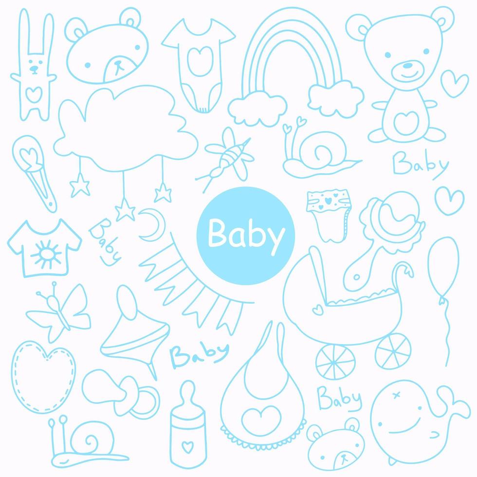 schetsmatige hand getrokken doodle cartoon set objecten en symbolen op het baby-thema. handgemaakte ontwerp vector pasgeboren.