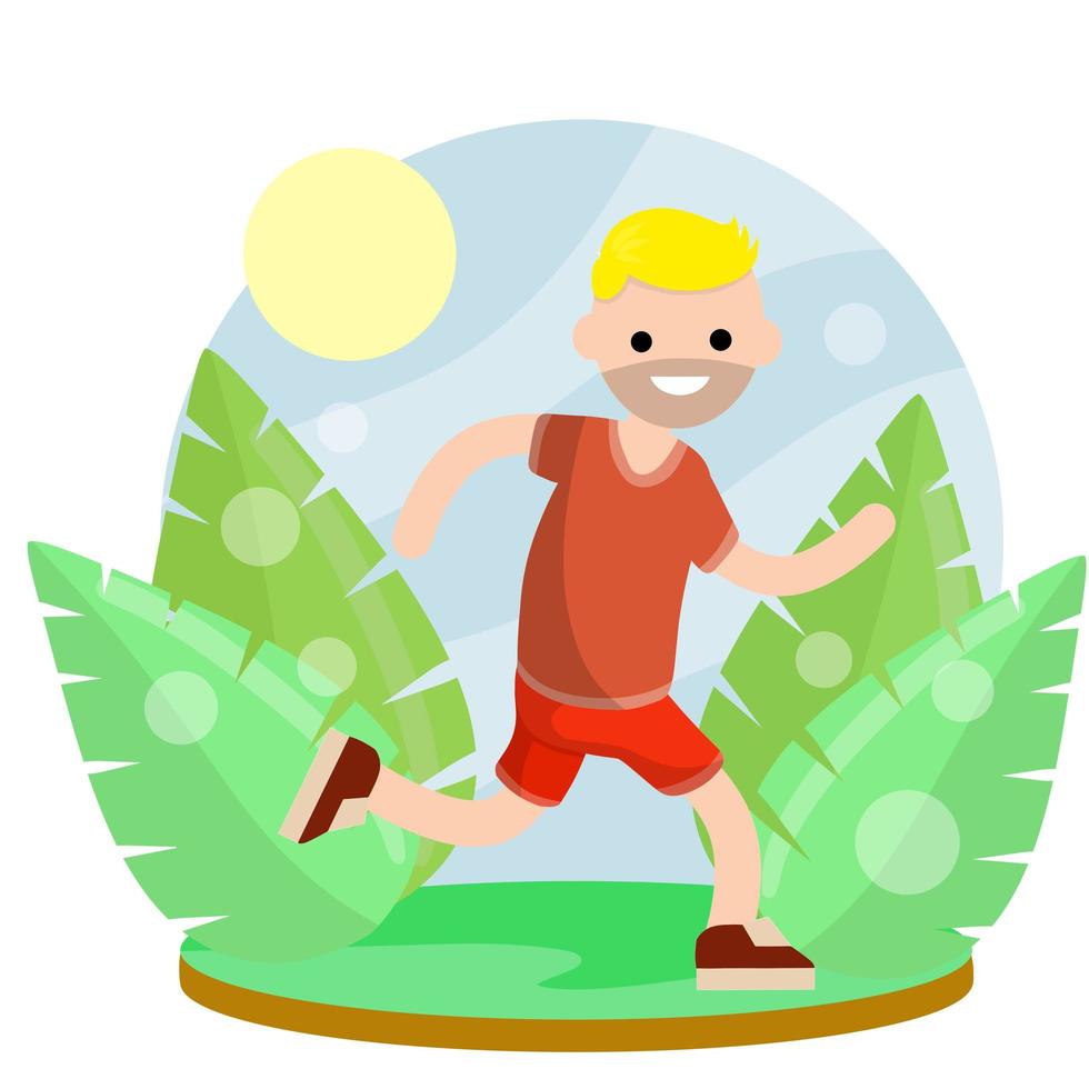 jonge man in korte broek en t-shirt. actieve levensstijl. beweging en lopen. cartoon vlakke afbeelding. park en natuur. bladeren van planten. zomerseizoen. hardlopen en sporten vector