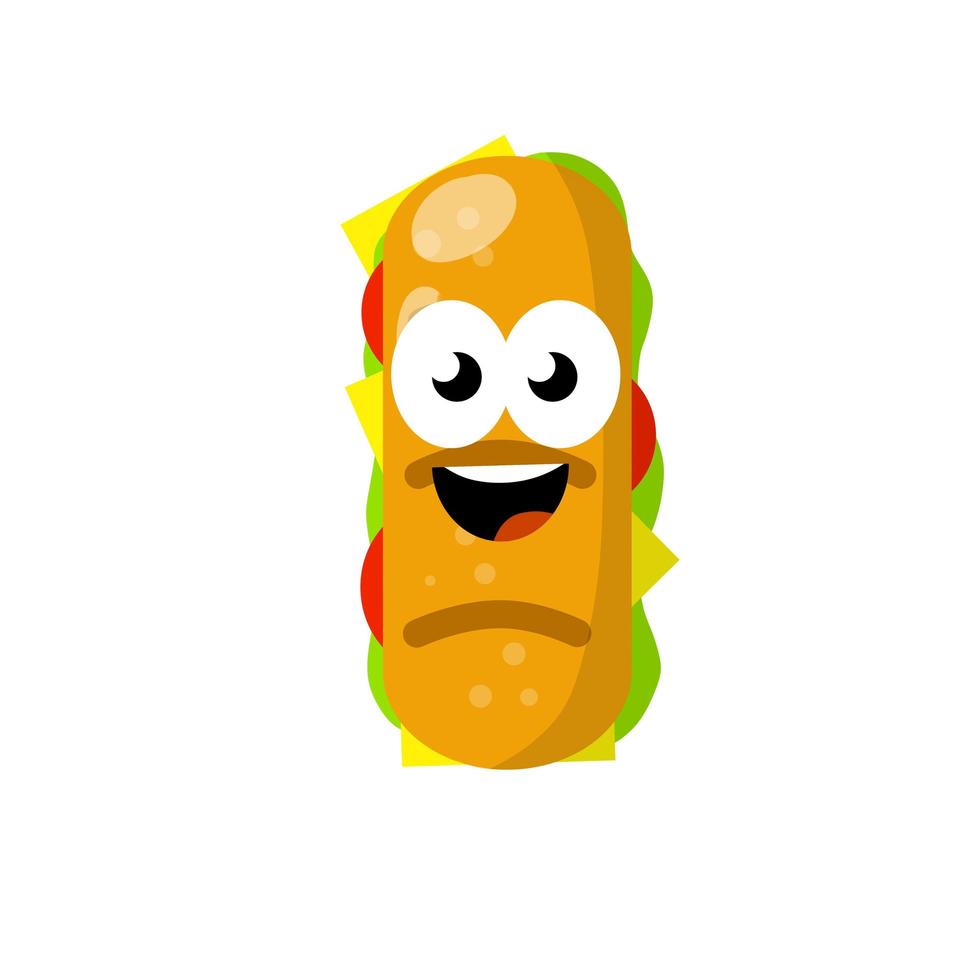 sandwich met grappig gezicht. straatvoedsel en fastfood-element. mascotte karakter. vector