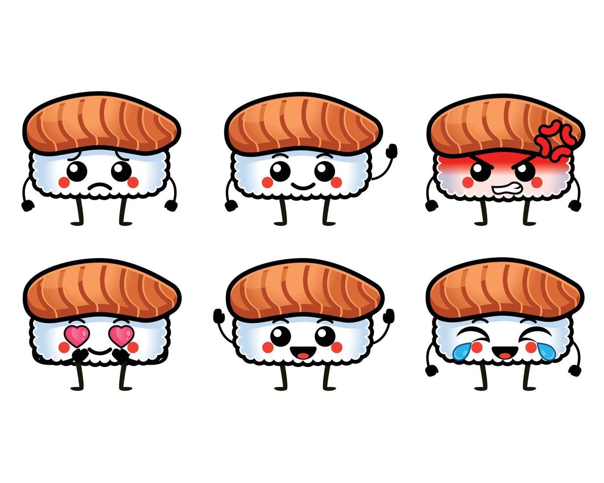 grappige zalmsushi sashimi-personages met schattig gezicht vector