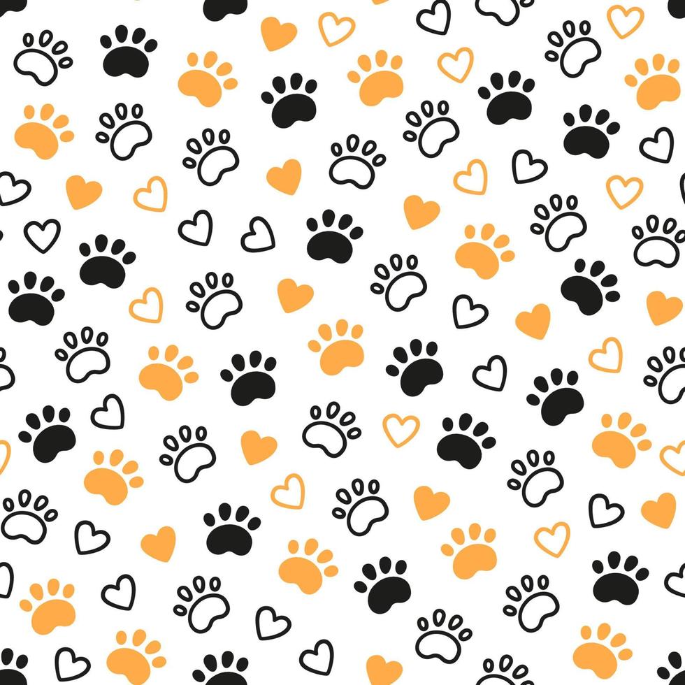 naadloos hondenpatroon met pootafdrukken en harten. kat voet textuur. patroon met hondje pawprint en harten. hond textuur. hand getekende vectorillustratie in doodle stijl op witte achtergrond vector