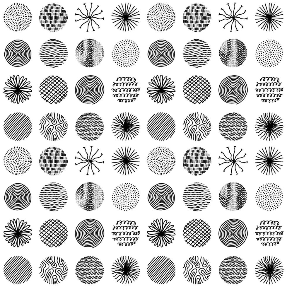 hand getekende cirkels met doodle textuur. modern abstract naadloos patroon met zwarte organische ronde vormen met lijnen, cirkels, druppels. vectorillustratie op witte achtergrond vector