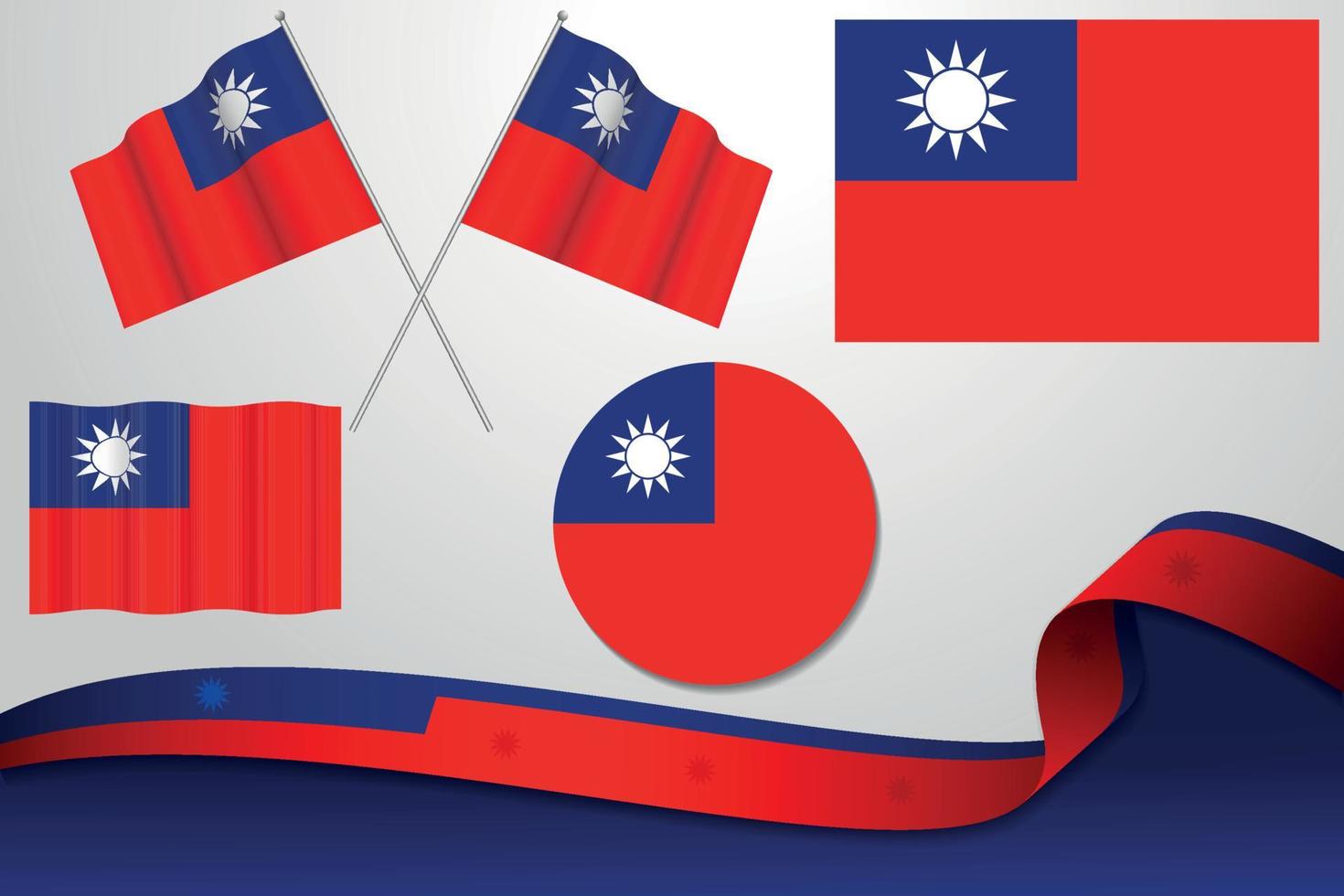 set van taiwan vlaggen in verschillende ontwerpen pictogram villen vlaggen met lint met achtergrond. vector