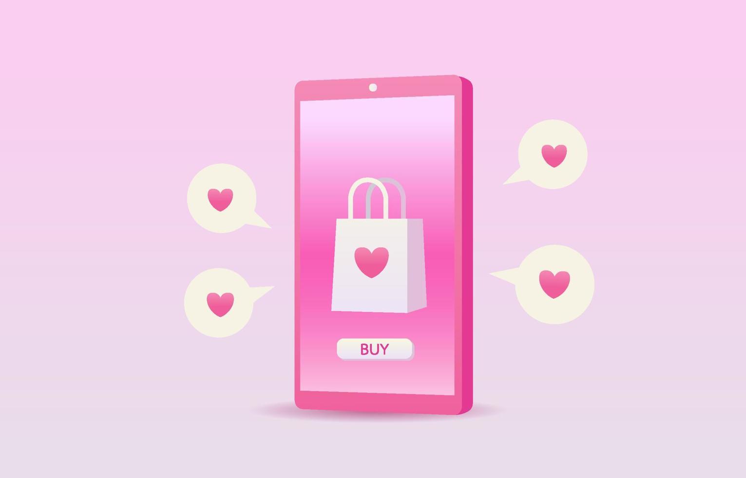 online winkel in het concept van liefde of valentine.mobile telefoons, harten, kar, liefdesbrief en geschenkdozen vertegenwoordigen liefde op een roze background.shopping app in de smartphone. ontwerp voor banner, advertentie, web. vector