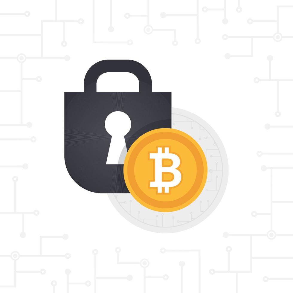 vergrendelde bitcoin-munt. bitcoin veiligheids vector ontwerpconcept. cryptocurrency vectorillustratie