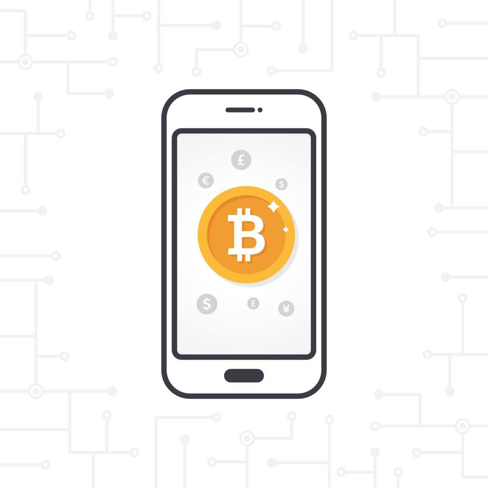 platte ontwerp smartphone en gouden bitcoin munt vector