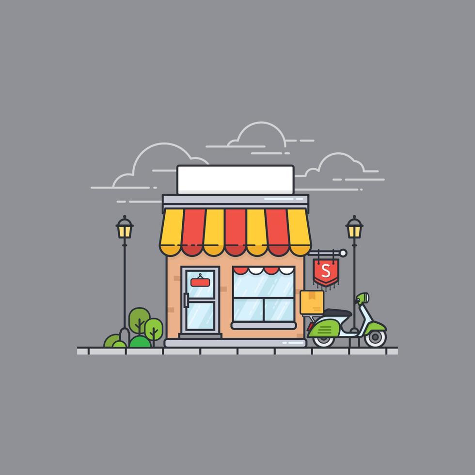 vectorwinkel of markt. platte winkel gebouw met scooter op grijze achtergrond. platte cartoon stijl winkel gevel vooraanzicht. vector illustratie