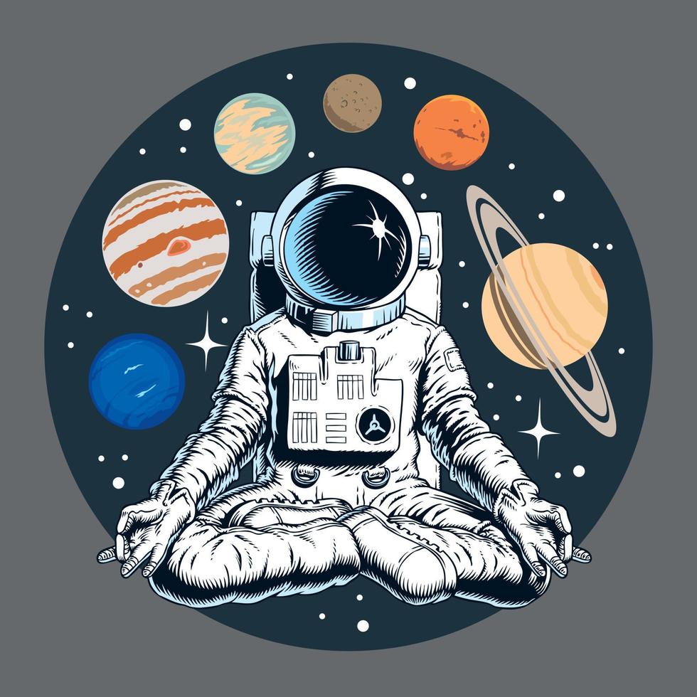 astronaut mediteren in de lotushouding. planeten en sterren op de achtergrond. appuls, of planetaire parade. ruimte yoga vectorillustratie. vector