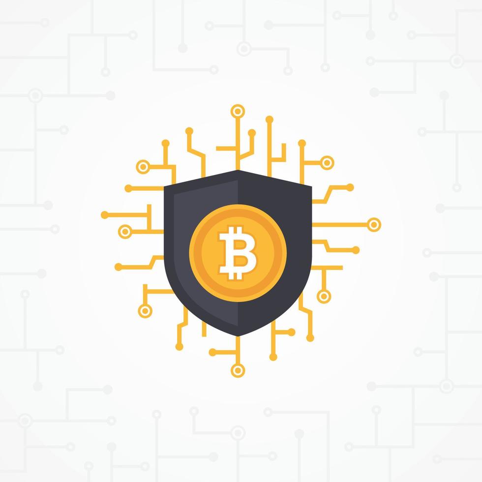 bitcoin platte vector beveiligingsconcept. bitcoin digitale beveiliging met printplaat op witte achtergrond. crypto valuta vectorillustratie