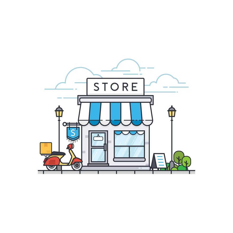 webshop bouwen. winkel voorkant en scooter levering. straat lokale winkel winkel gebouw. vector illustratie