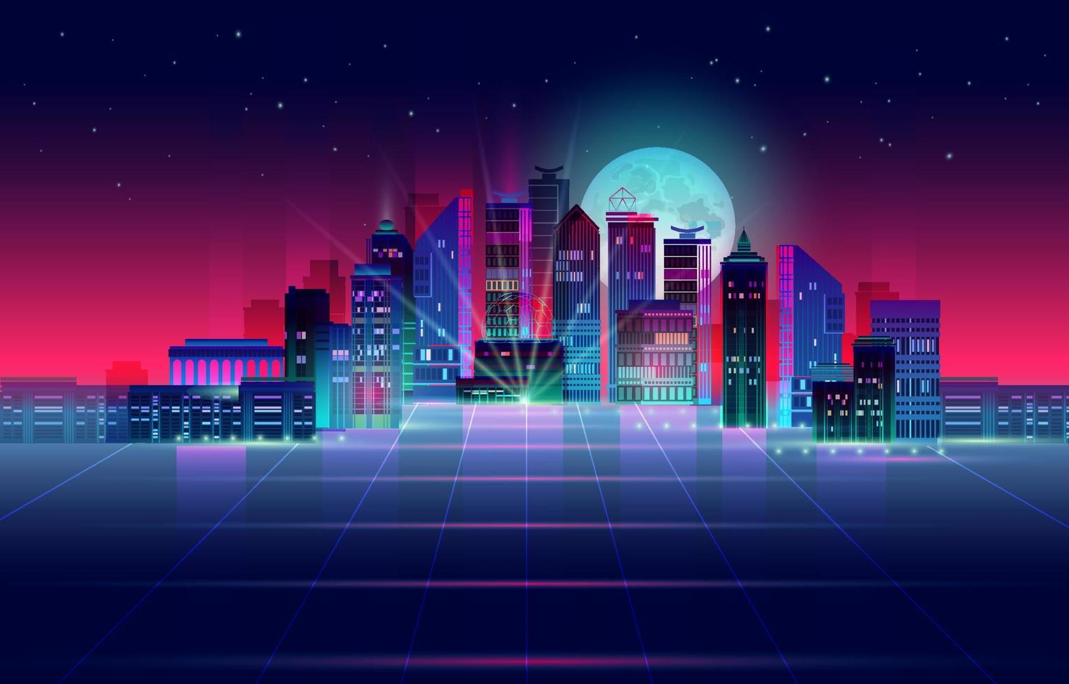 nacht stadspanorama met neon gloed op donkere achtergrond. vector. vector