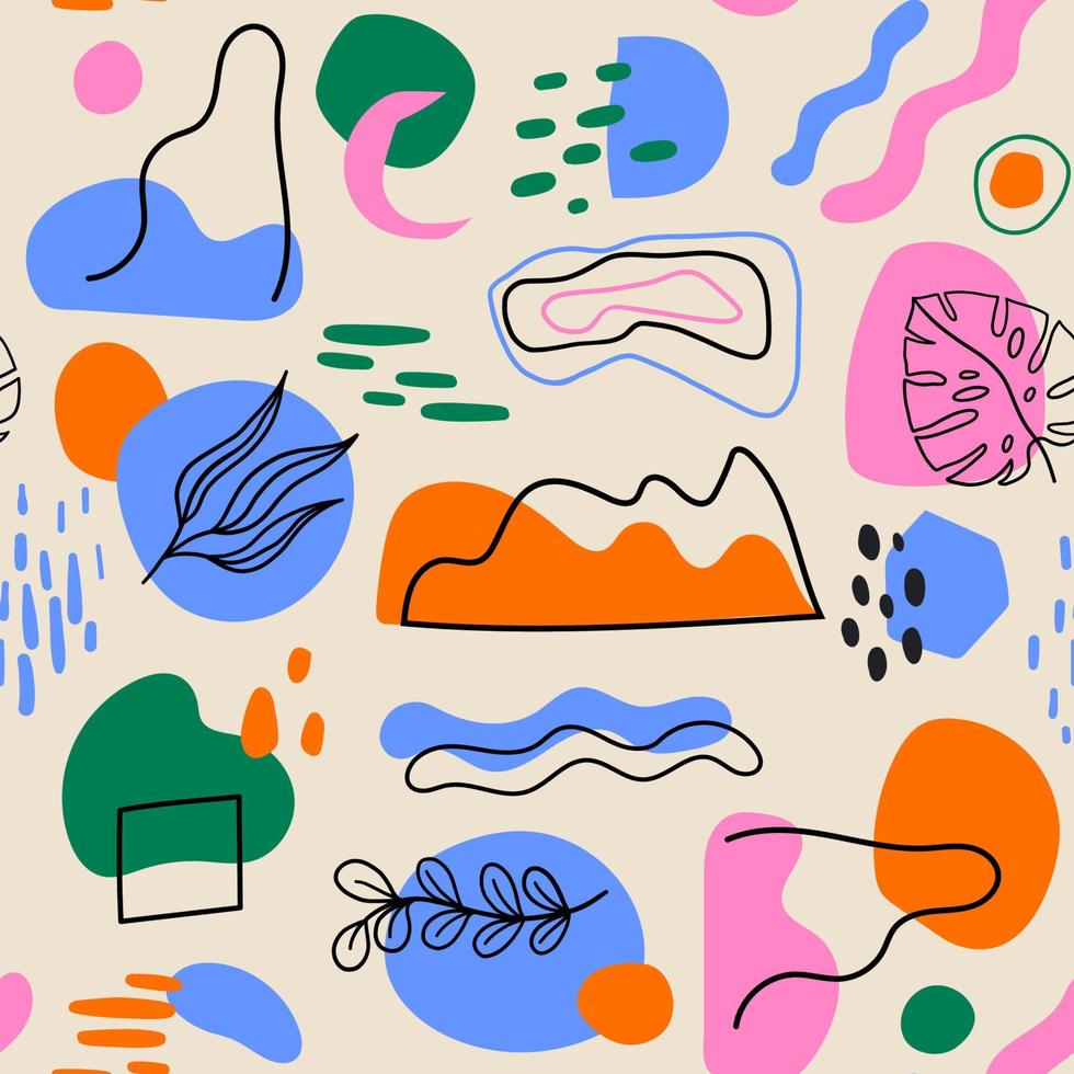 naadloos modern patroon met abstracte verschillende vormen en doodle-objecten. trendy eigentijds design vector