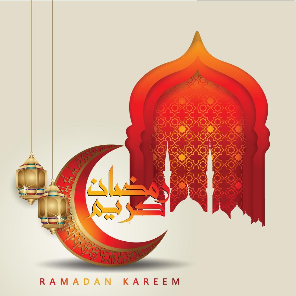 luxe en elegant ontwerp ramadan kareem met arabische kalligrafie, traditionele lantaarn en gradatie kleurrijke poortmoskee voor islamitische groet vector