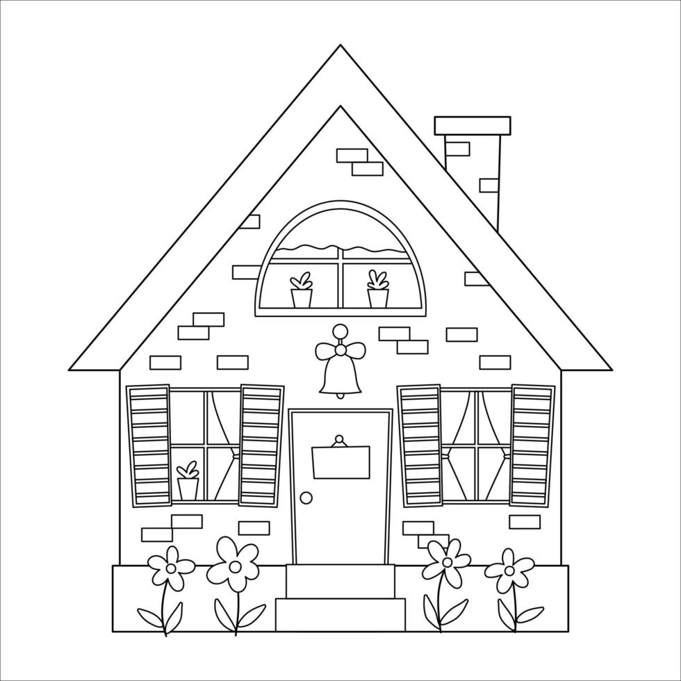 vector zwart-wit landhuis pictogram geïsoleerd op een witte achtergrond. overzicht boerderij cottage illustratie. schattig bakstenen huis met deurbel, plaat, ramen, gordijnen.