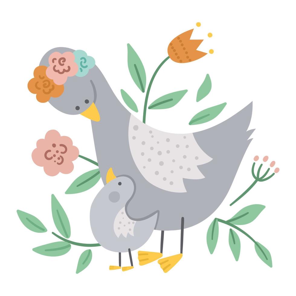 vector moederdagkaart met schattig boho dier. vooraf gemaakt ontwerp met babyvogel en moeder. Boheemse stijl poster met gans familie en bloemen op witte achtergrond.