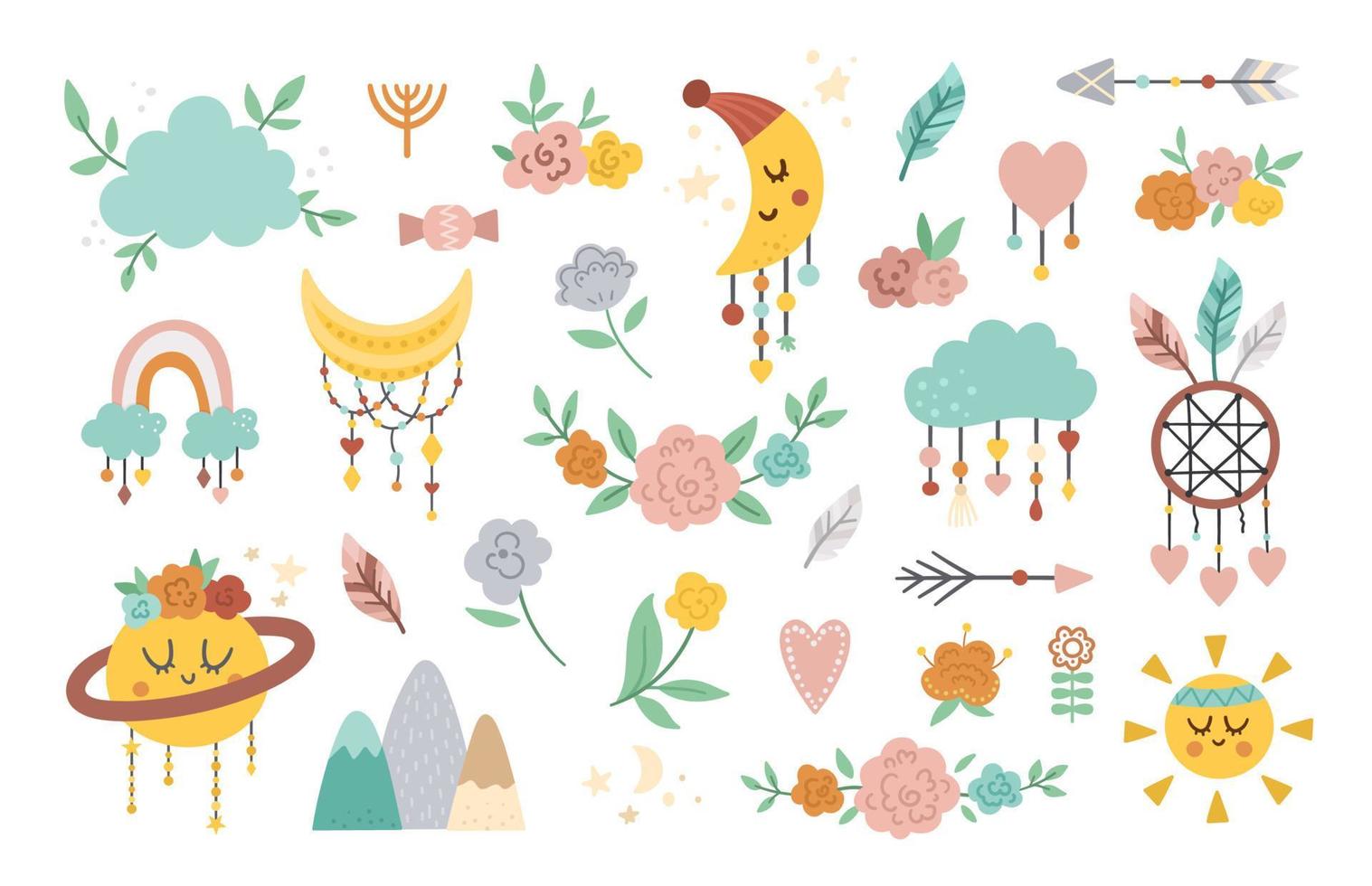 vector boho elementen collectie. Boheemse halve maan, planeet, dromenvanger, bloemen, pijlen, wolk geïsoleerd op een witte achtergrond. hemelse iconen pack met schattige karakters.