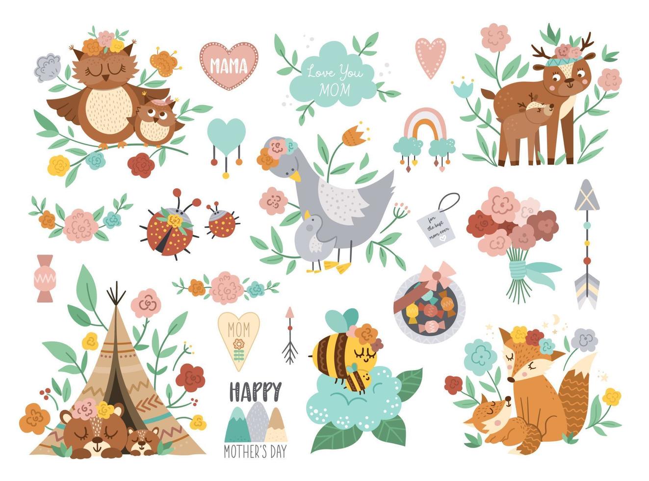 vector boho baby dieren met ouders. grappige bosdierenscène die familieliefde toont. schattige grote moederdag design elementen collectie. moeder en kind clipart voor kaart, print, poster