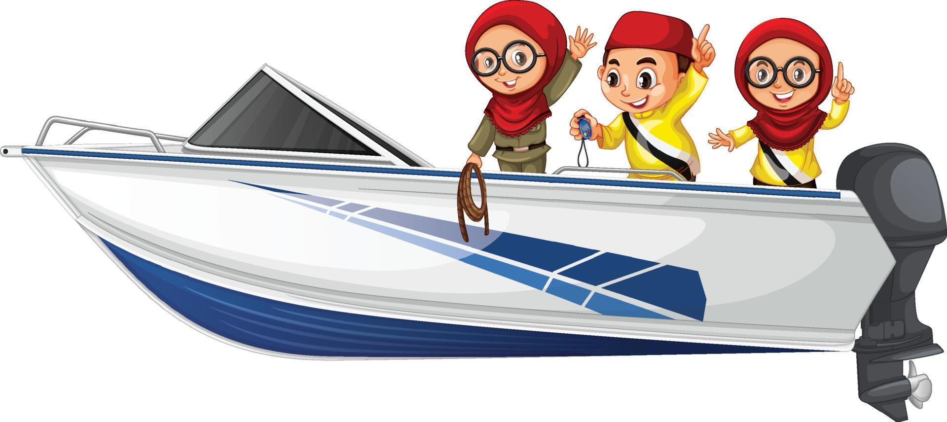 Kerst jongen en meisje staan op een boot op een witte achtergrond vector