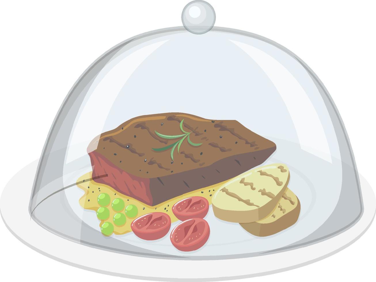 Biefstuk en aardappel op de plaat met glazen deksel op witte achtergrond vector