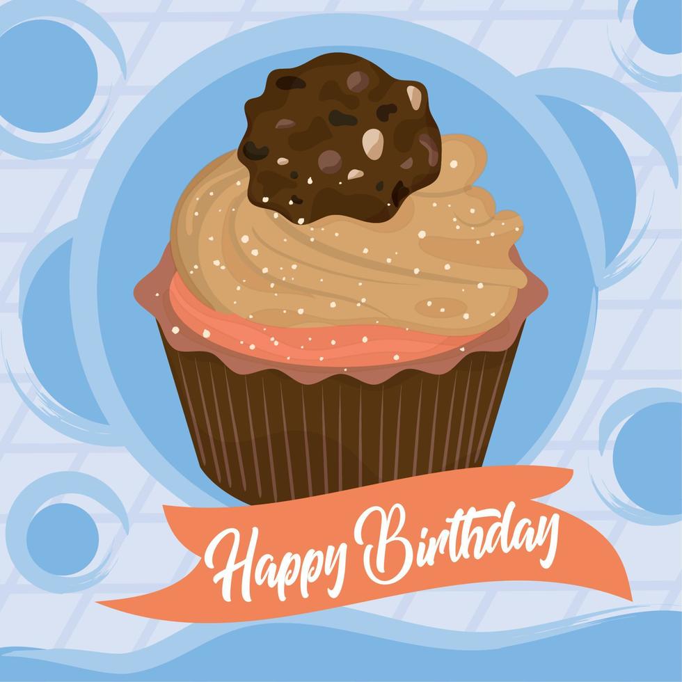 blauwe gelukkige verjaardagskaart geïsoleerde chocolade cupcake vector