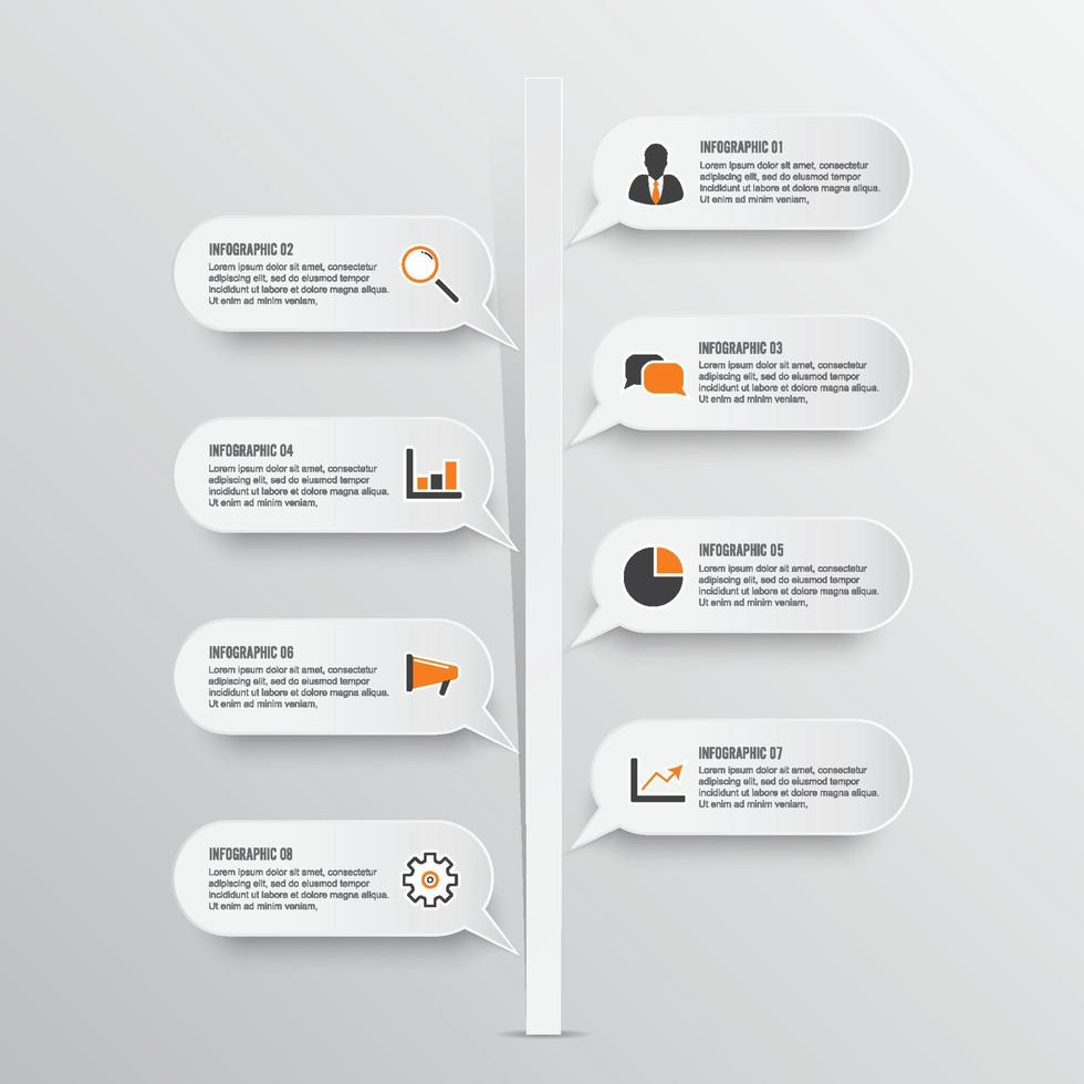 vector infographic sjabloon met 3D-papieren label, geïntegreerde kringen. bedrijfsconcept met 8 opties. voor inhoud, diagram, stroomdiagram, stappen, onderdelen, tijdlijninfographics, workflow, grafiek.